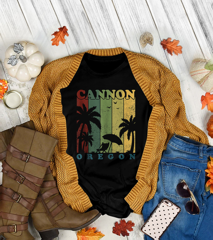 Cannon Beach Oregon Summer Vacation Landscape with Palm Trees and Sunset T-Shirt