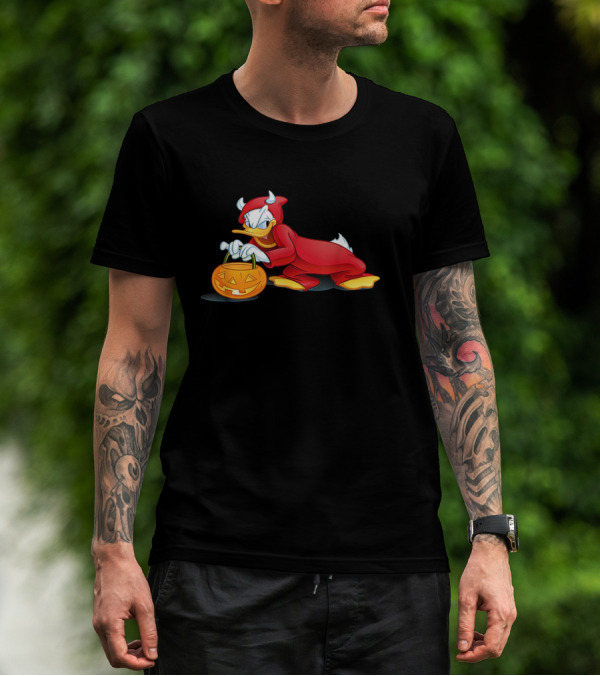 Donald Duck Devil Halloween Costume With Pumpkin Basket T-Shirt