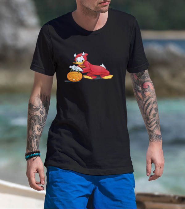 Donald Duck Devil Halloween Costume With Pumpkin Basket T-Shirt