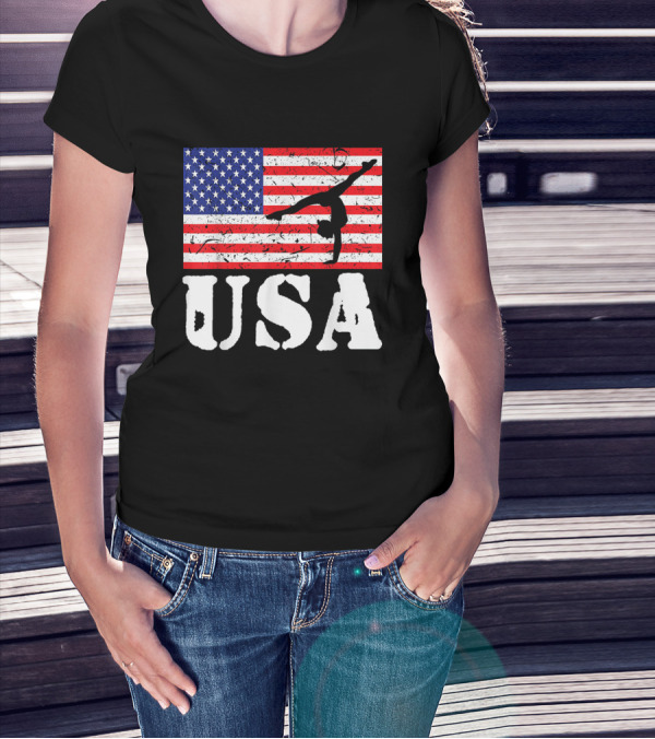 Distressed USA Flag Gymnastics Vintage Tumbling American Flag T-Shirt