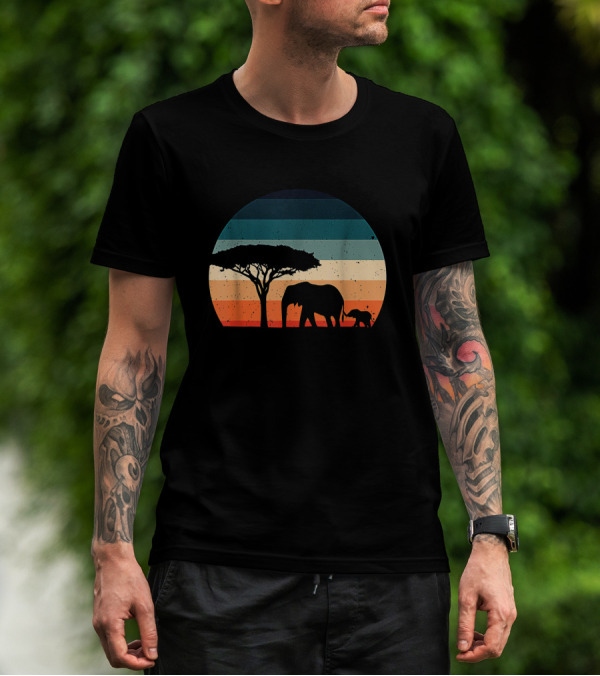 Elephant And Acacia Tree Silhouette Against Striped Vintage Sunset T-Shirt