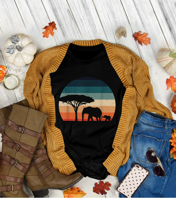Elephant And Acacia Tree Silhouette Against Striped Vintage Sunset T-Shirt