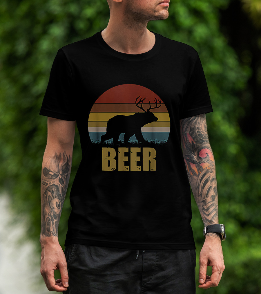 Retro Deer Bear Silhouette With Antlers Sunset Design Beer T-Shirt