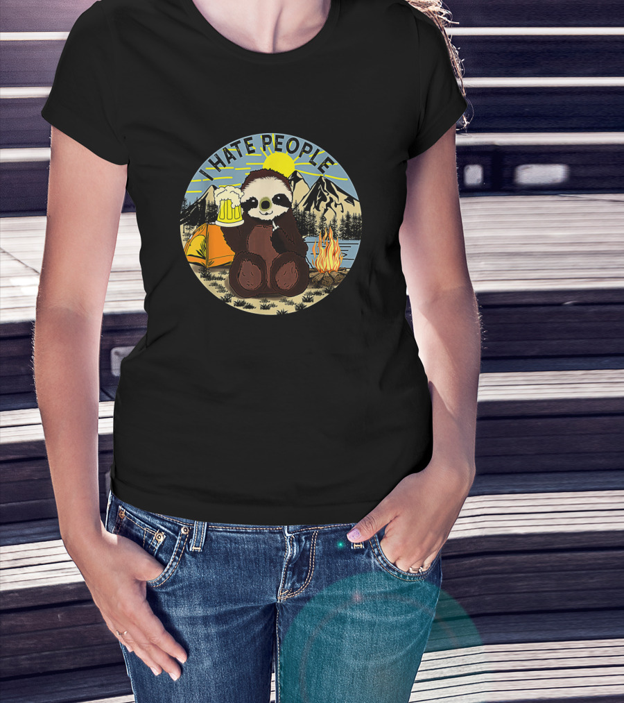 Sloth Holding Beer In Mountain Camping Scene With I Hate People Text T-Shirt