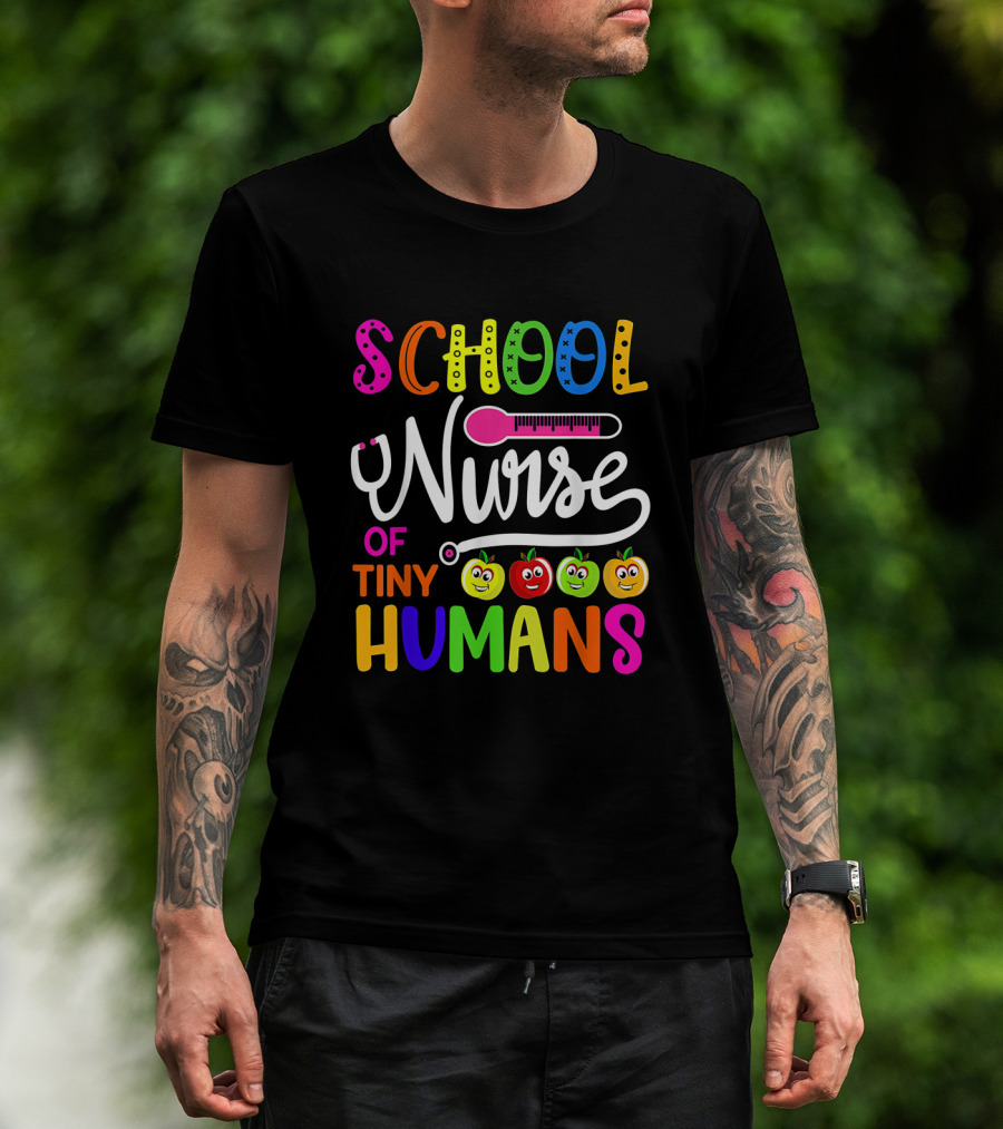 School Nurse Of Tiny Humans Colorful Back To School With Smiling Fruits T-Shirt