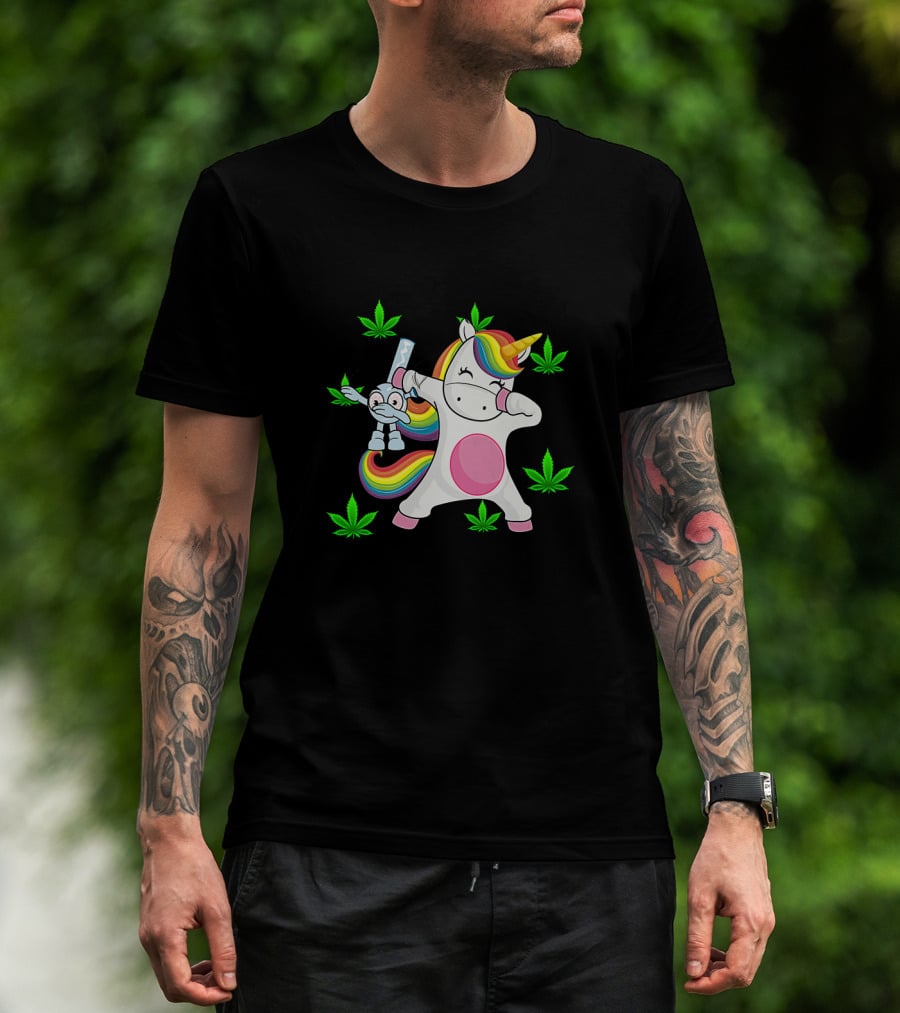 Unicorn Dab With Rainbow Bong Surrounded By Marijuana Leaves T-Shirt