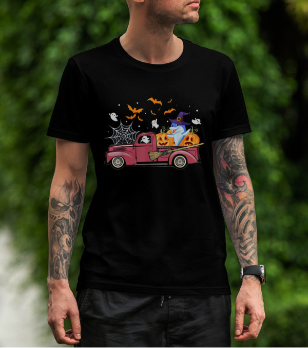 Halloween Ghost Dolphin Riding Red Truck With Pumpkins And Witch Hat T-Shirt
