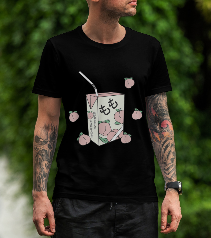 90s Japanese Aesthetic Otaku Anime Peach Juice Box With Kanji And Pastel Peaches T-Shirt