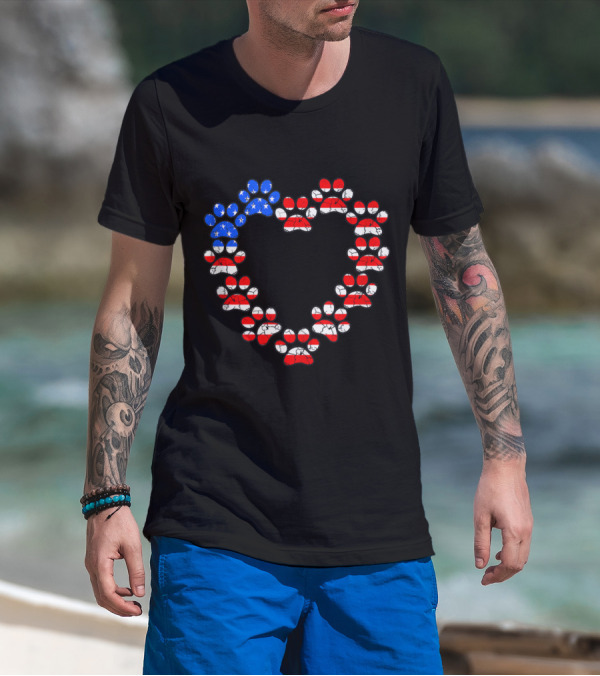USA Flag Cat Dog Paw Prints Heart Animal Lover Patriotic Emblem T-Shirt