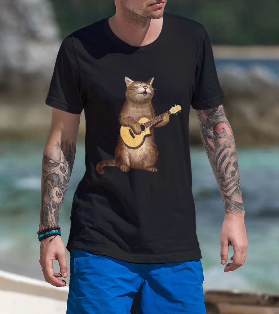 Cat Lovers Funny Cat Playing Ukulele T-Shirt