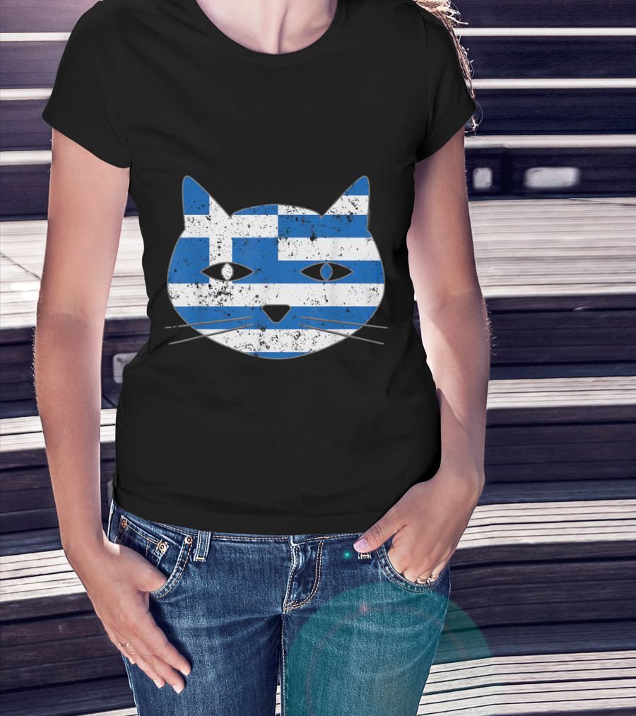 Greek Flag Cat Head Design For Cat Lovers T-Shirt