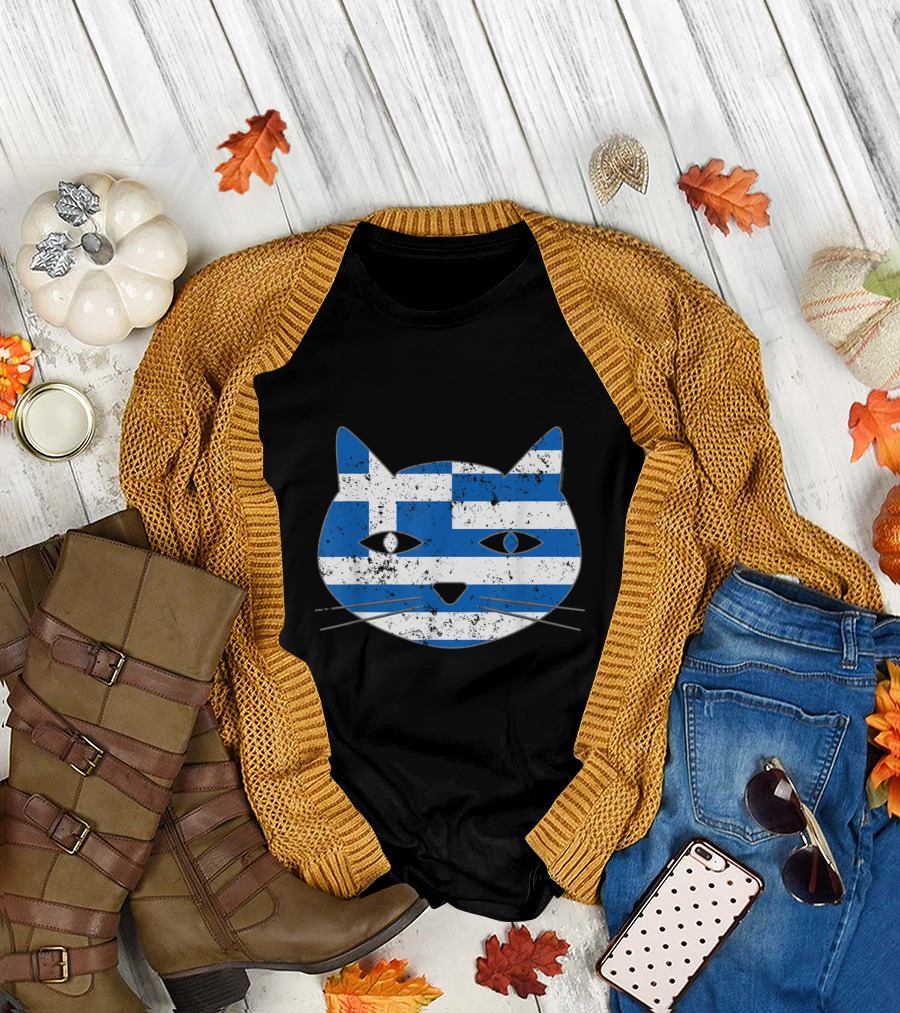 Greek Flag Cat Head Design for Cat Lovers T-Shirt