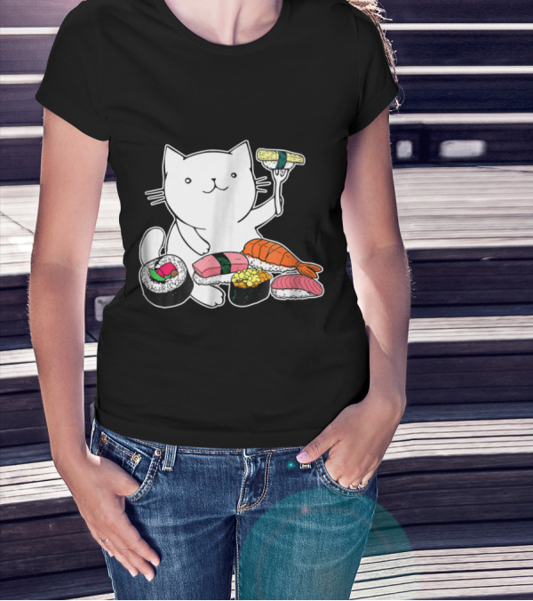 Playful Cat Enjoying Colorful Sushi Plate T-Shirt
