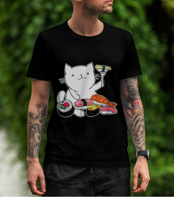 Playful Cat Enjoying Colorful Sushi Plate T-Shirt