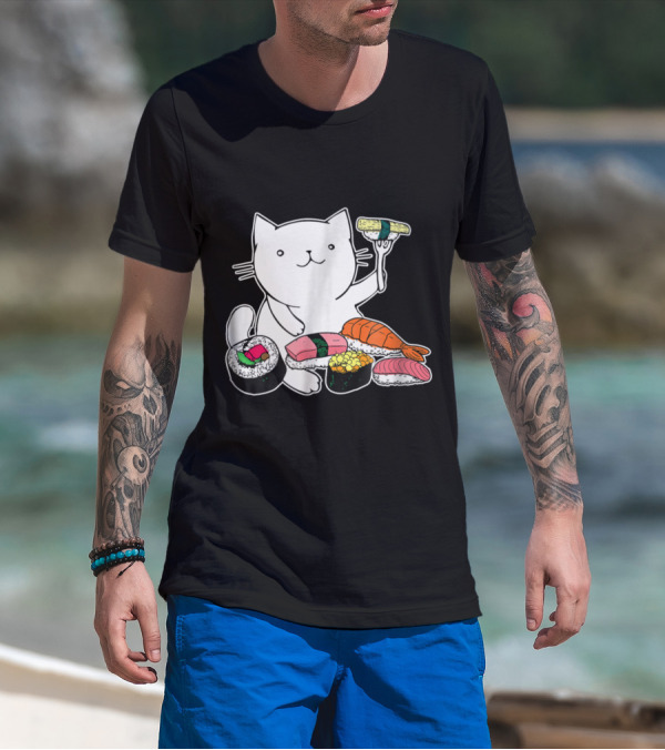 Playful Cat Enjoying Colorful Sushi Plate T-Shirt