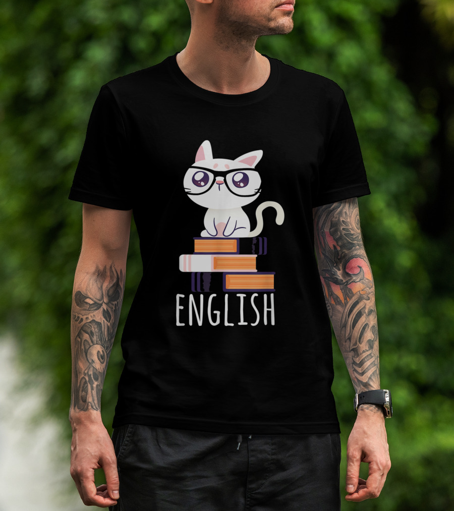 Funny Cat English Teacher Nerd Book Lover Librarian With Glasses And Books T-Shirt