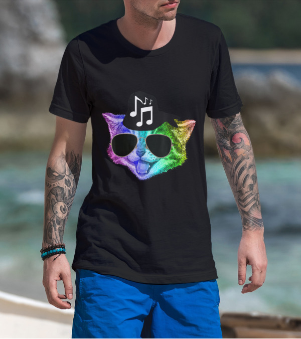 Colorful Rainbow DJ Music Kitty With Sunglasses And Hat For Feline Cat Lovers T-Shirt