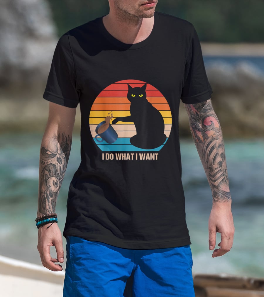 Funny Vintage Cat Do What I Want Cat Lover Retro Sunset T-Shirt