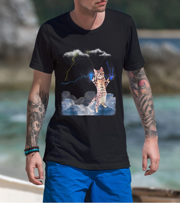 Lightning Cat With Stormy Clouds And Electric Bolts T-Shirt