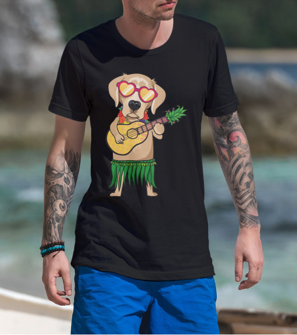 Labrador Retriever Ukulele Playing In Hawaiian Costume With Sunglasses Summer Vibes T-Shirt