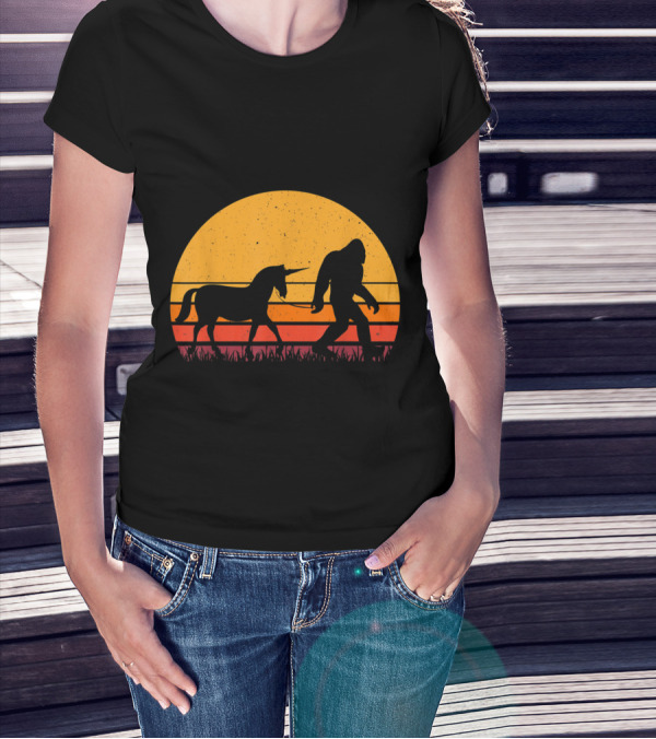 Bigfoot Sasquatch Walking Unicorn Retro Sunset T-Shirt