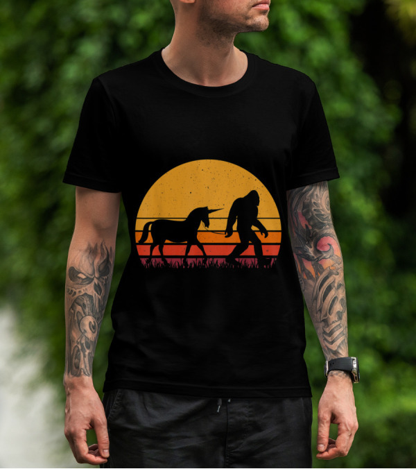 Bigfoot Sasquatch Walking Unicorn Retro Sunset T-Shirt