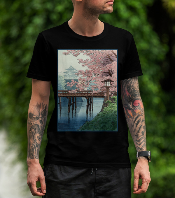 Japanese Cherry Blossom Woodblock Bridge And Pagoda Scene T-Shirt