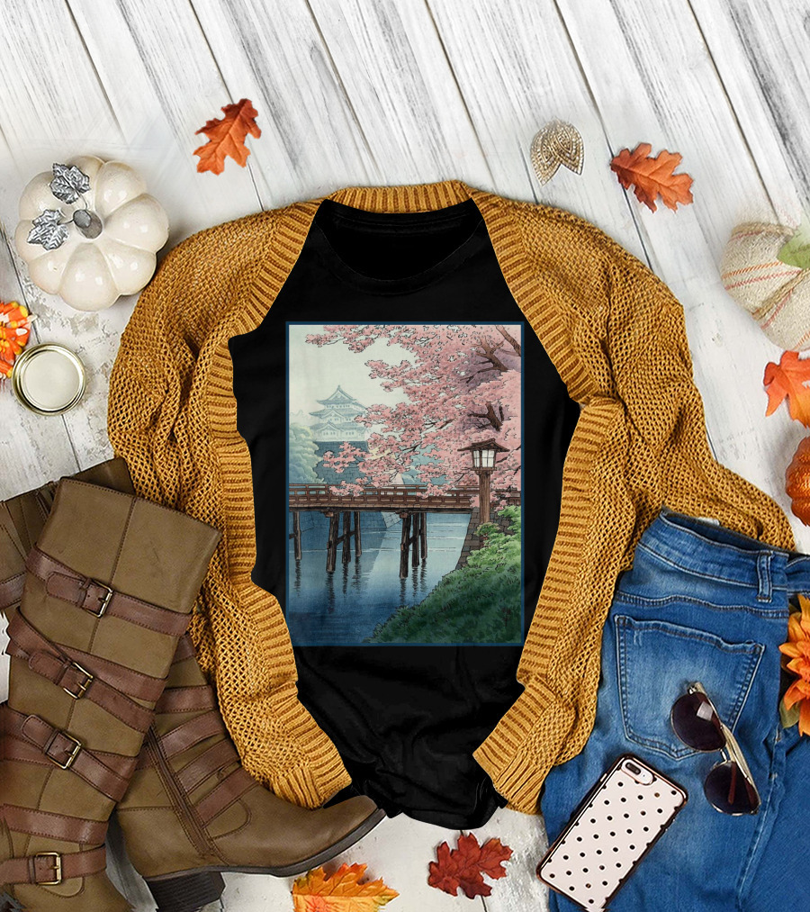 Japanese Cherry Blossom Woodblock Bridge and Pagoda Scene T-Shirt