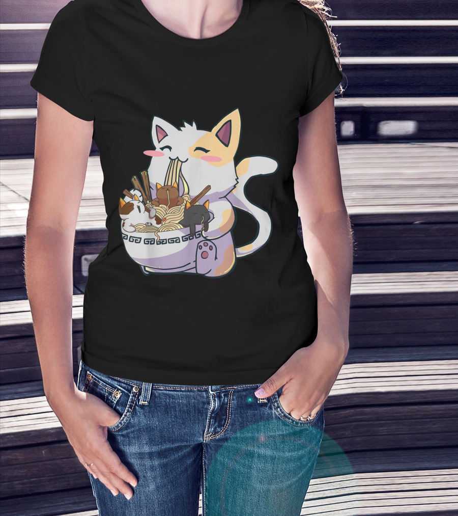 Kawaii Neko Cat With Ramen Bowl Anime Japanese Noodles And Chopsticks T-Shirt