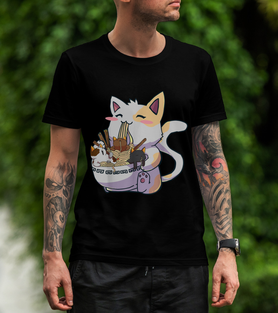 Kawaii Neko Cat With Ramen Bowl Anime Japanese Noodles And Chopsticks T-Shirt