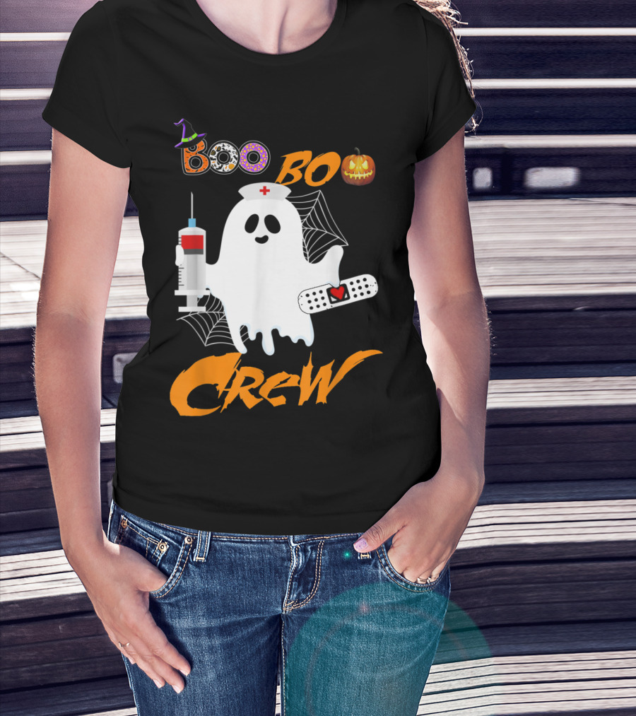 Boo Boo Crew Nurse Ghost Funny Halloween Costume With Syringe And Spider Webs T-Shirt