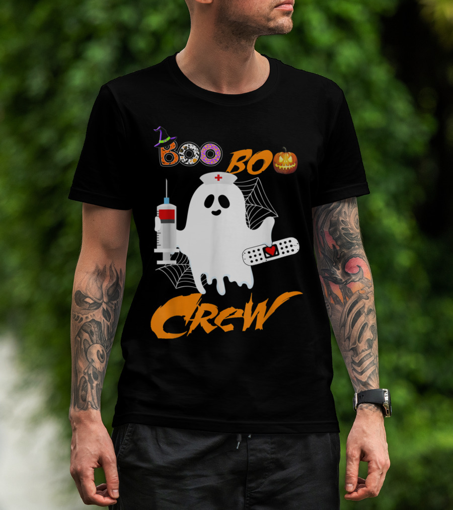 Boo Boo Crew Nurse Ghost Funny Halloween Costume With Syringe And Spider Webs T-Shirt