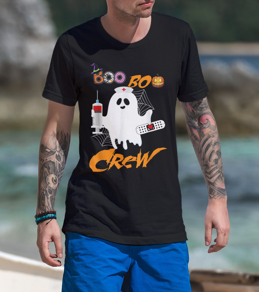 Boo Boo Crew Nurse Ghost Funny Halloween Costume With Syringe And Spider Webs T-Shirt
