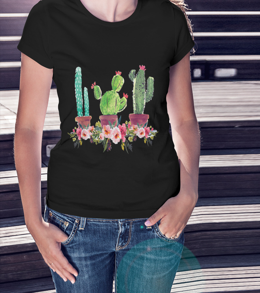 Cute Blooming Cacti Succulents Lover With Flowers T-Shirt