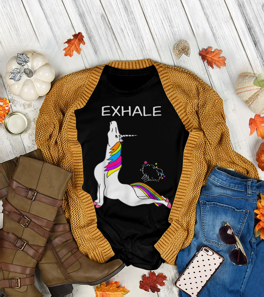 EXHALE Yoga Unicorn Funny Yoga Unicorn Exhale Fart Rainbow T-Shirt