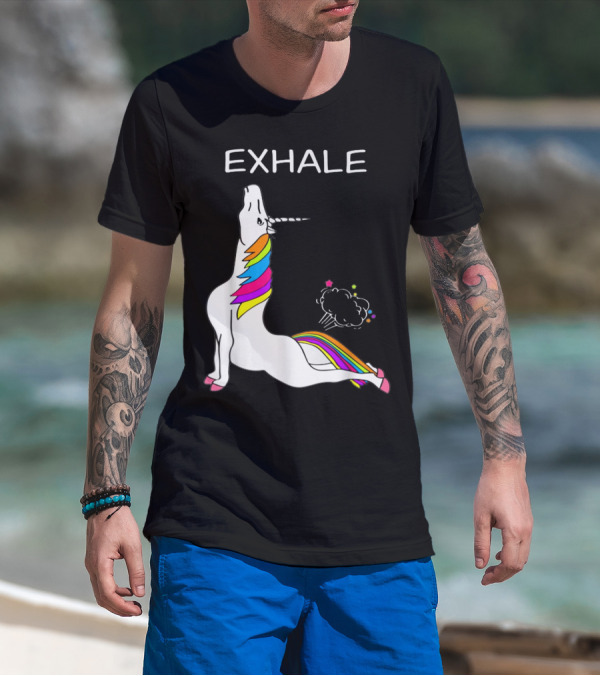 EXHALE Yoga Unicorn Funny Yoga Unicorn Exhale Fart Rainbow T-Shirt