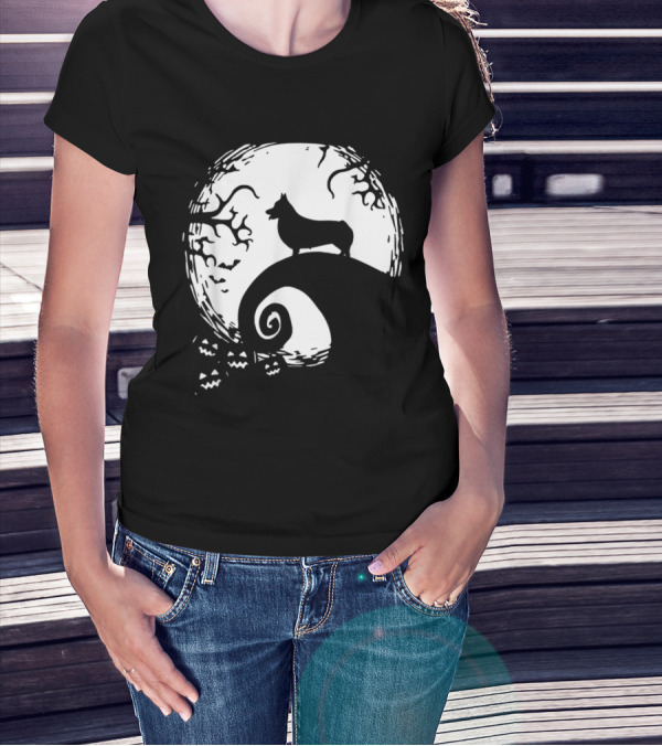 Cardigan Welsh Corgi Howling On Spiraled Hill Under Full Moon With Creepy Trees And Bats T-Shirt