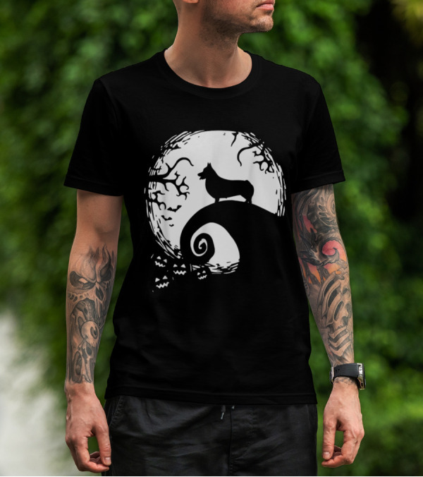 Cardigan Welsh Corgi Howling On Spiraled Hill Under Full Moon With Creepy Trees And Bats T-Shirt