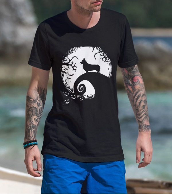 Cardigan Welsh Corgi Howling On Spiraled Hill Under Full Moon With Creepy Trees And Bats T-Shirt