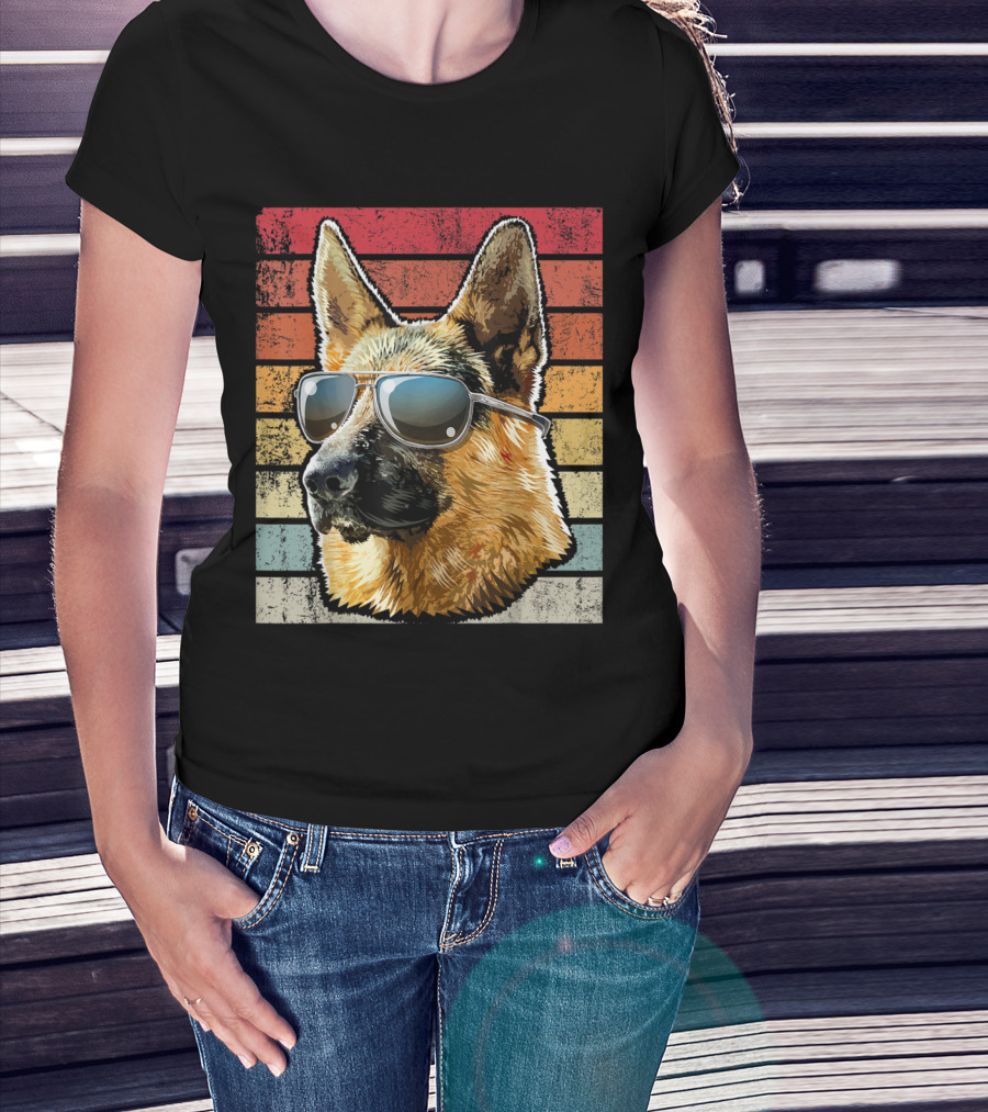 Retro Vintage German Shepherd Dog Sunglasses Stripes T-Shirt