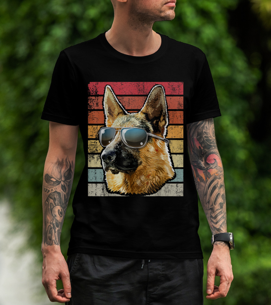 Retro Vintage German Shepherd Dog Sunglasses Stripes T-Shirt