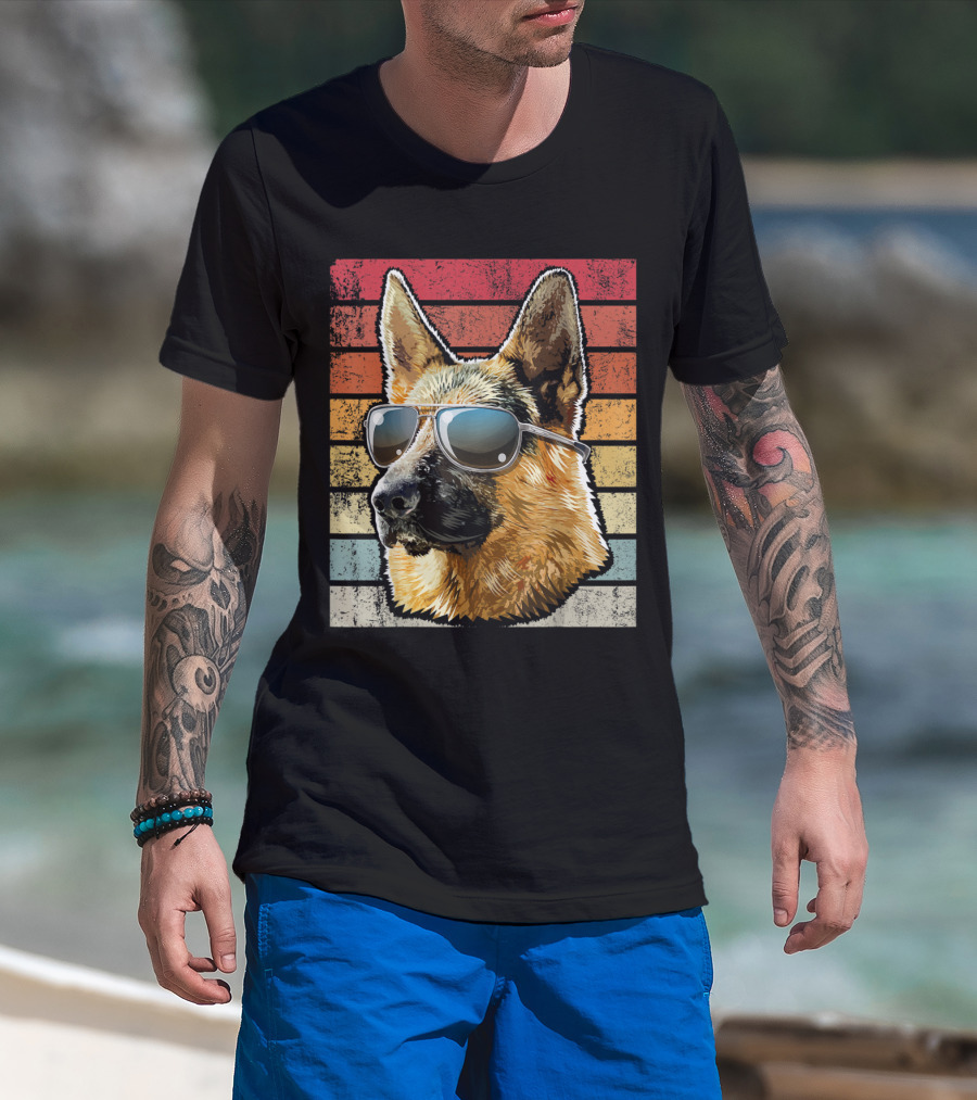 Retro Vintage German Shepherd Dog Sunglasses Stripes T-Shirt