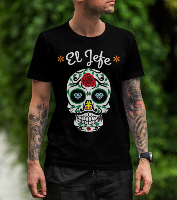 El Jefe Dia De Los Muertos Sugar Skull Art Featuring Floral And Rose Accents T-Shirt