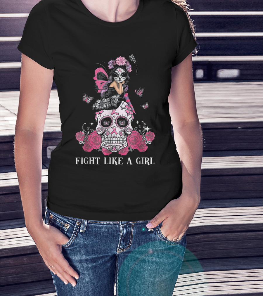 Fight Like A Girl Sugar Skull Butterfly Roses T-Shirt