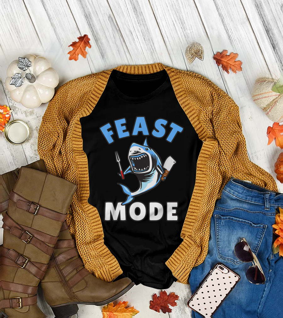 Feast Mode Great White Shark Cartoon Thanksgiving Kids T-Shirt