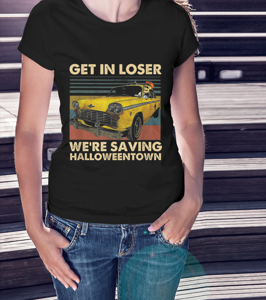 Get In Loser We're Saving Halloweentown Yellow Taxi Skeleton Driver T-Shirt