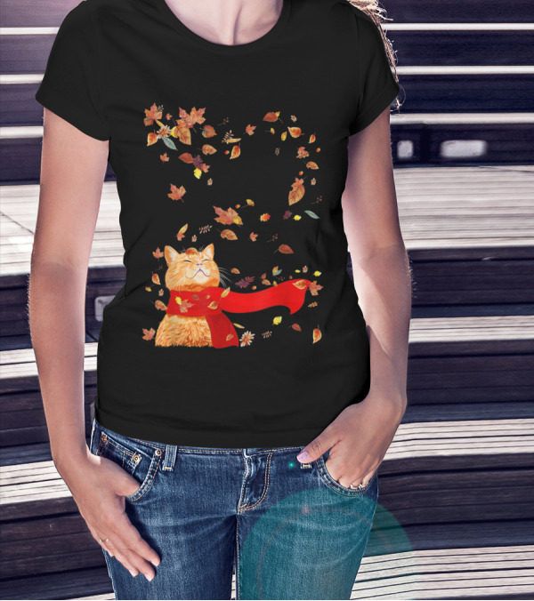 Hello Autumn Maple Leaf Fall Funny Cat Kitten Lover T-Shirt