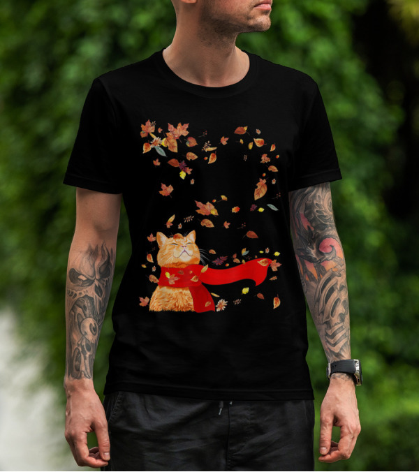 Hello Autumn Maple Leaf Fall Funny Cat Kitten Lover T-Shirt