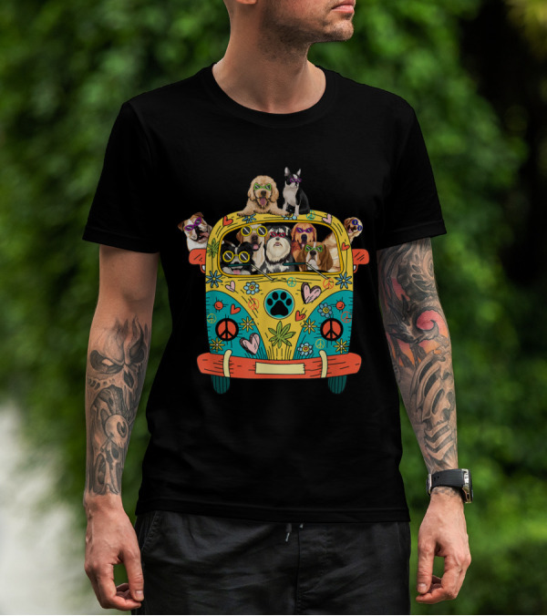 Peace Love Dogs Hippie Van With Sunglasses And Tropical Flowers T-Shirt