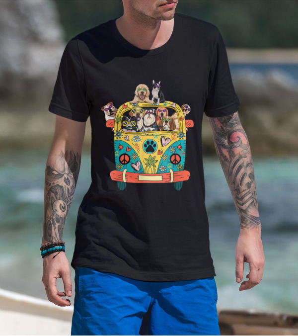 Peace Love Dogs Hippie Van With Sunglasses And Tropical Flowers T-Shirt